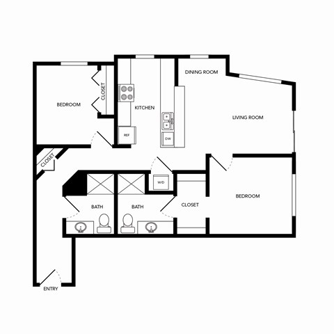 Floor plan for 2 beds, 2 baths, 997 sqft